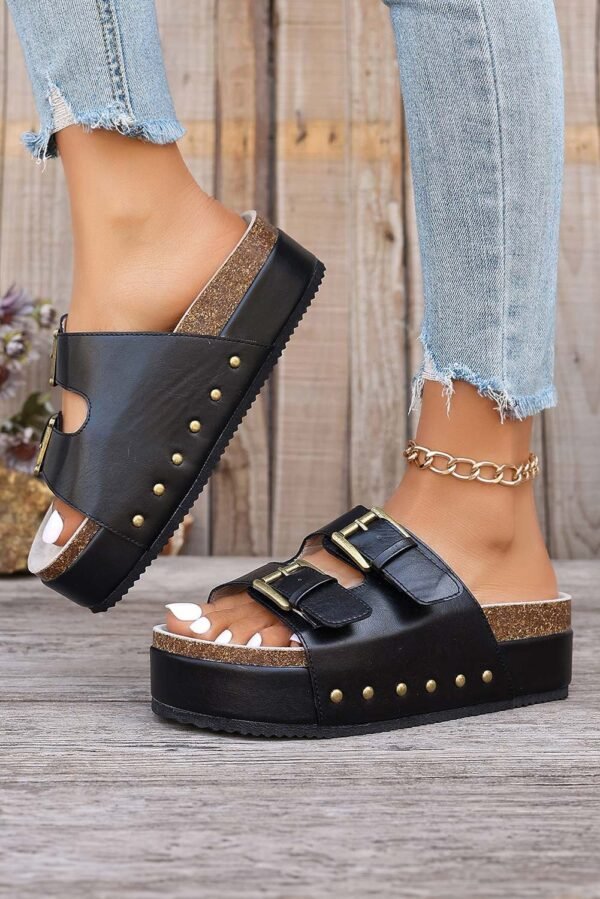 Black Dual Buckle Studded Platform Sandal Slippers