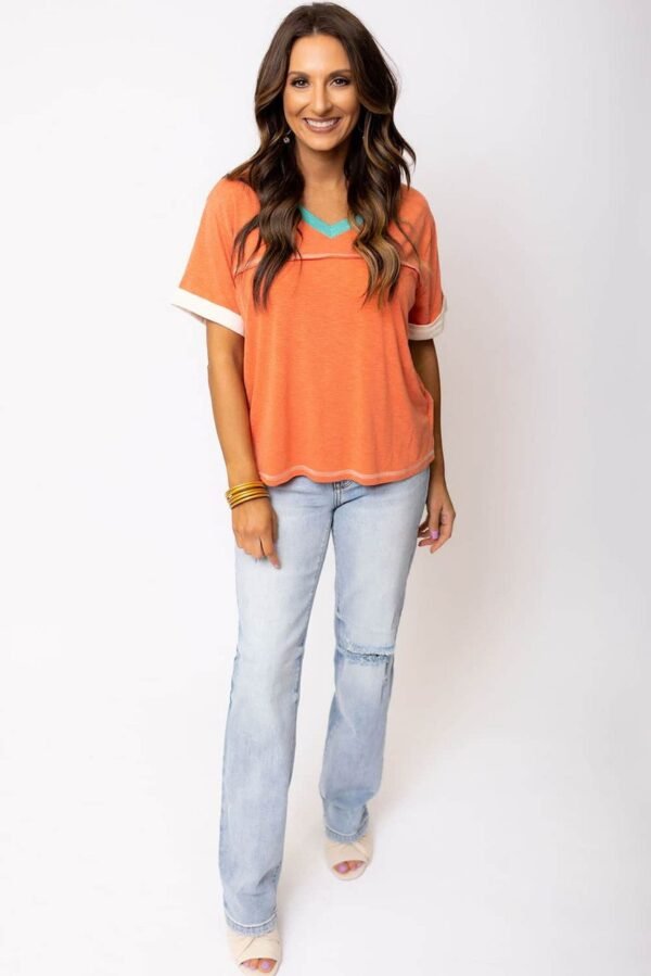 Grapefruit Orange Contrast Trim Exposed Seam V Neck T-shirt