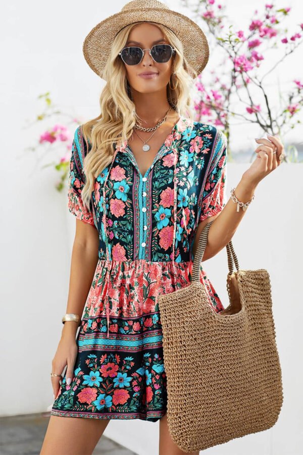 Multicolor Spring Floral Buttons Short Sleeve Romper