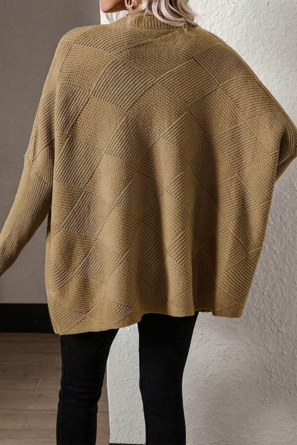 Camel Checkered Textured Batwing Sleeve Sweater