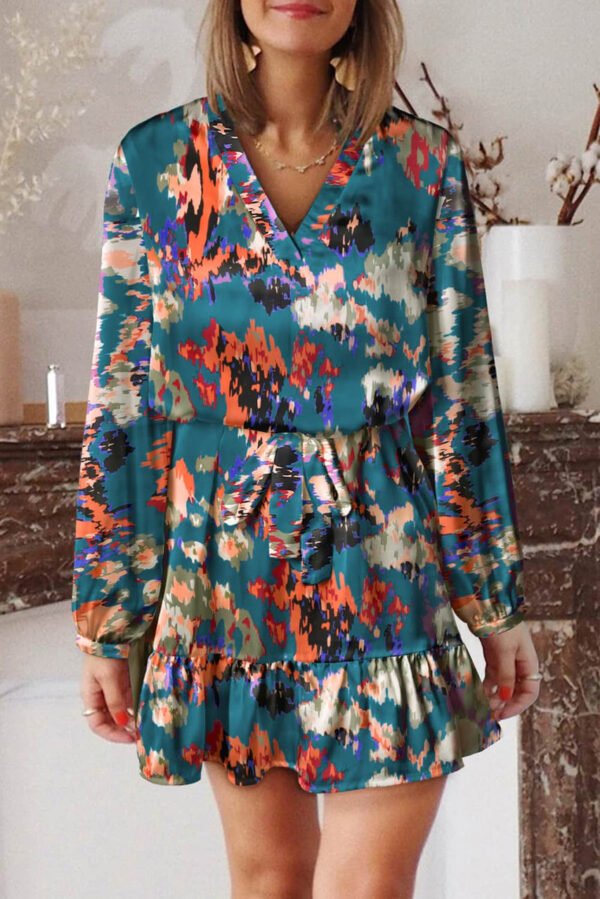 Blue Abstract Print Ruffled Drawstring High Waist Mini Dress