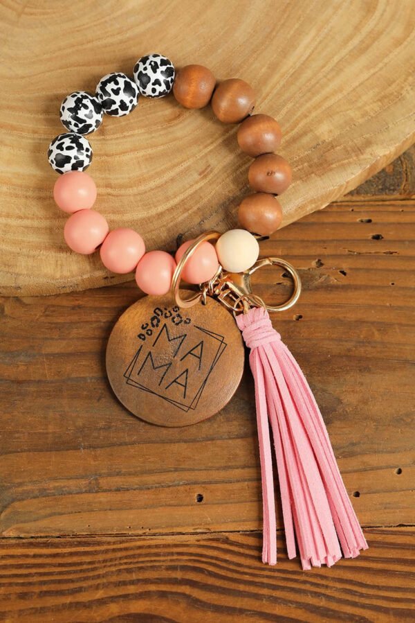 Pink MAMA Wood Pendant Leopard Fringe Keychain