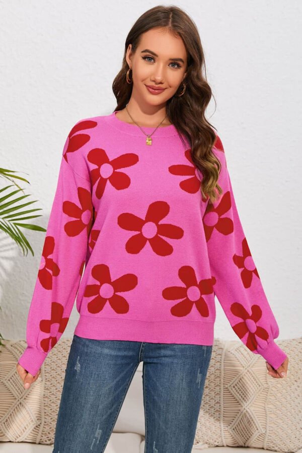 Rose Big Flower Knit Ribbed Trim Sweater