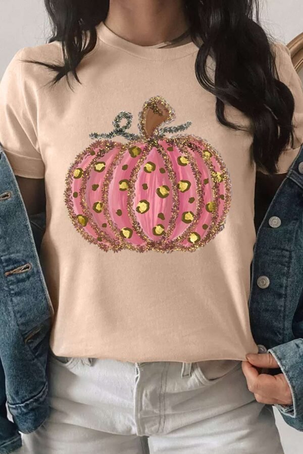 Khaki Cheetah Pumpkin Print Round Neck T Shirt