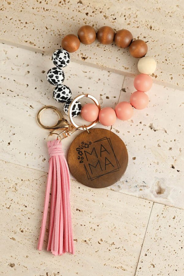 Pink MAMA Wood Pendant Leopard Fringe Keychain