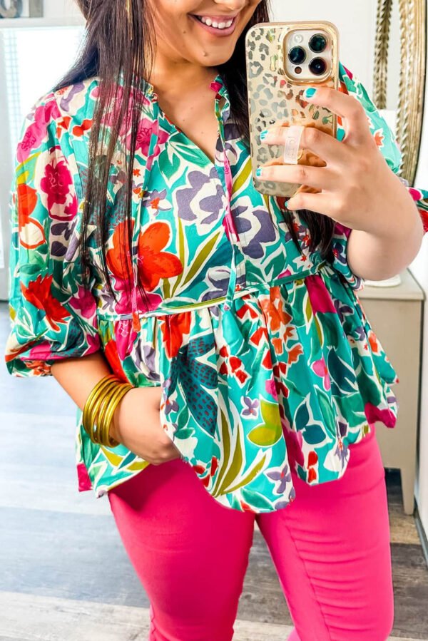 Multicolor Floral Tie Split Neck Plus Size Peplum Blouse