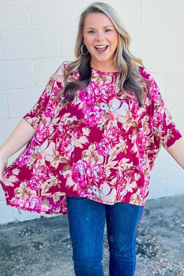 Red Floral Print Short Sleeve Plus Size Blouse