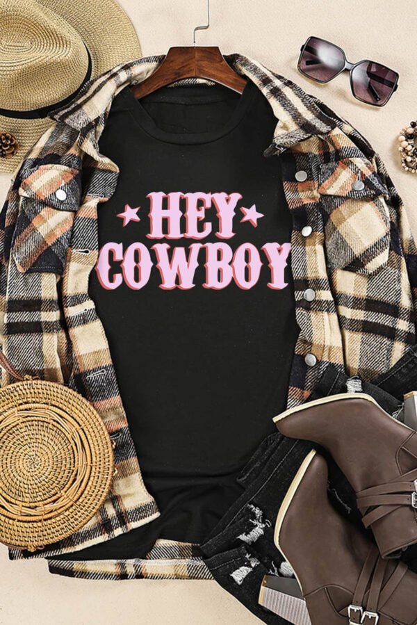 Black HEY COWBOY Letters Crew Neck T-shirt