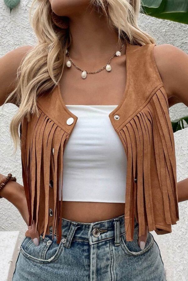 Camel Fringed Snap Button Front Suedette Vest