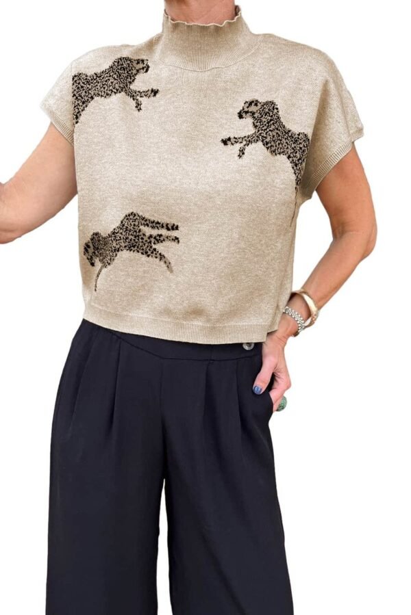 Apricot Lively Cheetah Pattern High Neck Short Sleeve Sweater