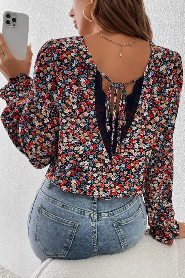 Red V Cut Lace Patch Tie-up Ruffled Puff Sleeve Floral Blouse