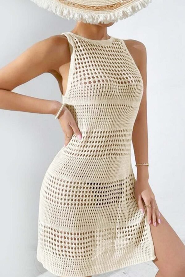 Beige Sexy Open Back Hollowed Knit Sleeveless Beach Dress