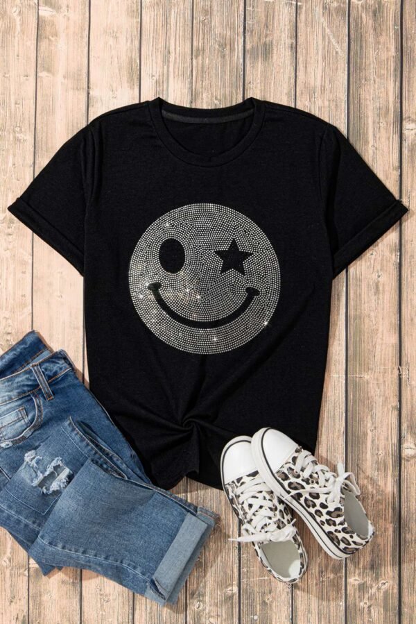 Black Sparkle Rhinestone Smile Face Graphic T Shirt