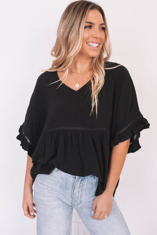 Black Ruffled Lace Detail Loose V Neck Top