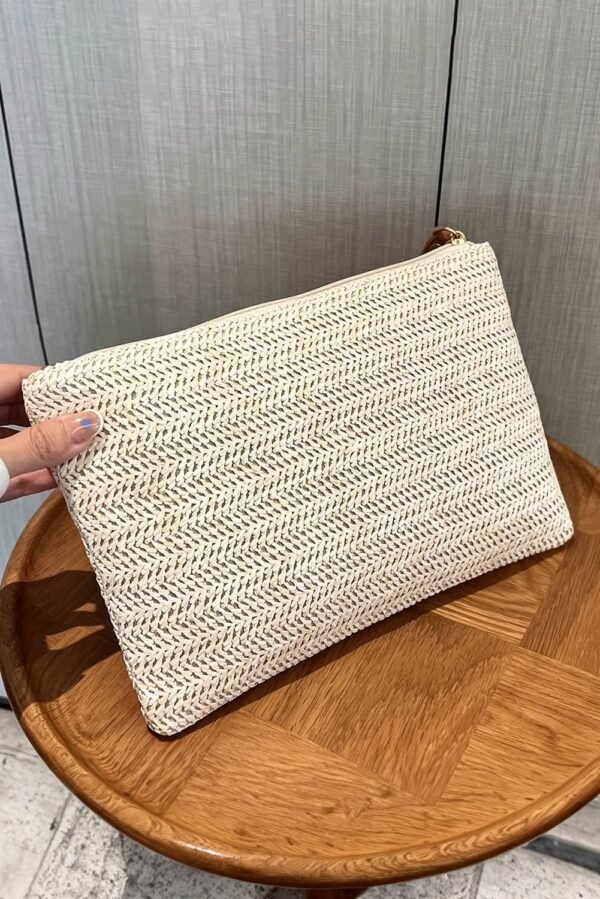 Oatmeal Straw Woven Wrist Strap Zipper Large Wallet