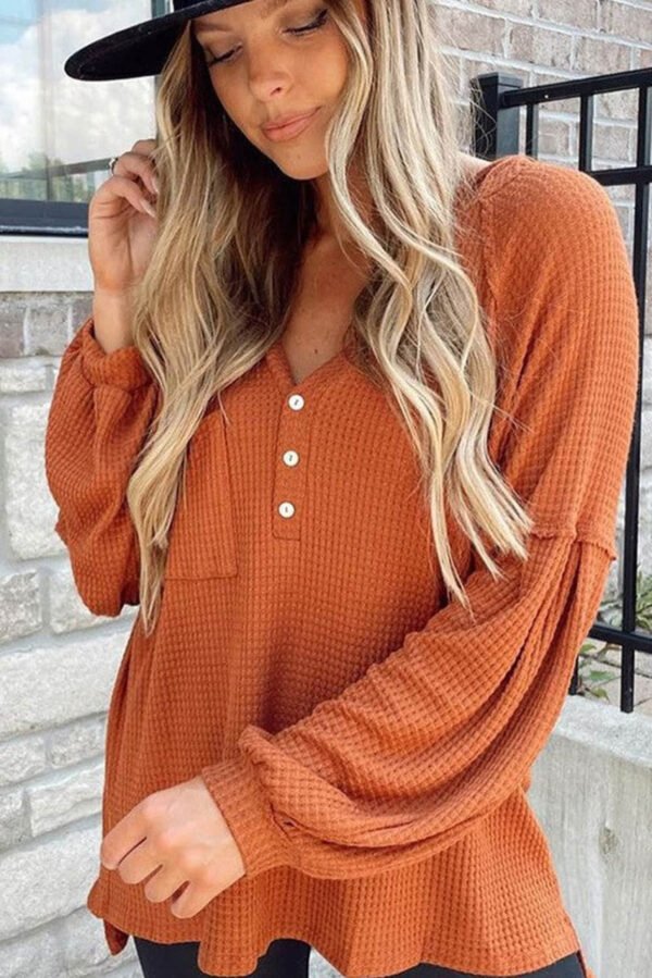 Orange Buttoned V Neck Drop Shoulder Waffle Knit Top