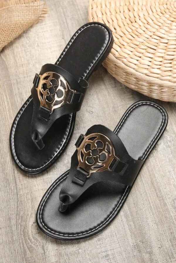 Black Metal DÃ©cor Leather Thong Slippers