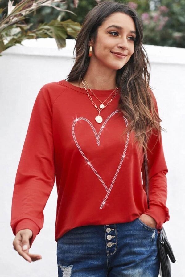 Fiery Red Rhinestone Heart Shaped Long Sleeve Sweatshirt