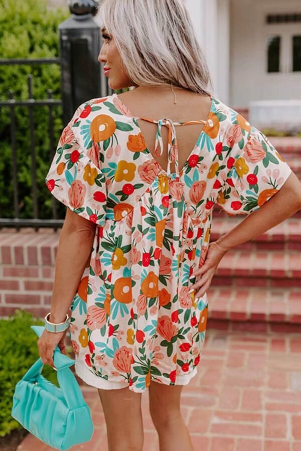 Apricot Floral Print Short Sleeve V Neck Tied Back Blouse