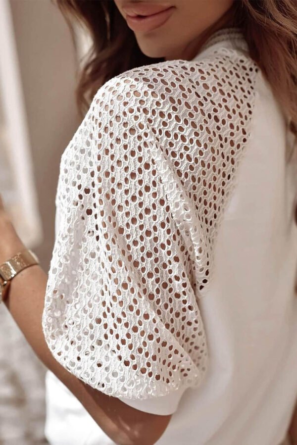 White Pointelle Lace Half Sleeve Crew Neck Tee