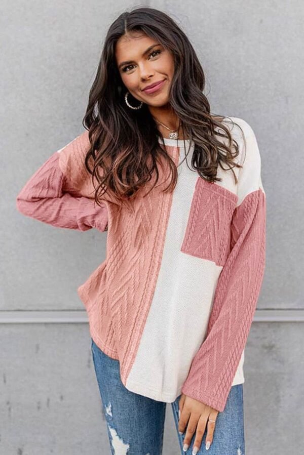 Peach Blossom Long Sleeve Colorblock Chest Pocket Textured Knit Top