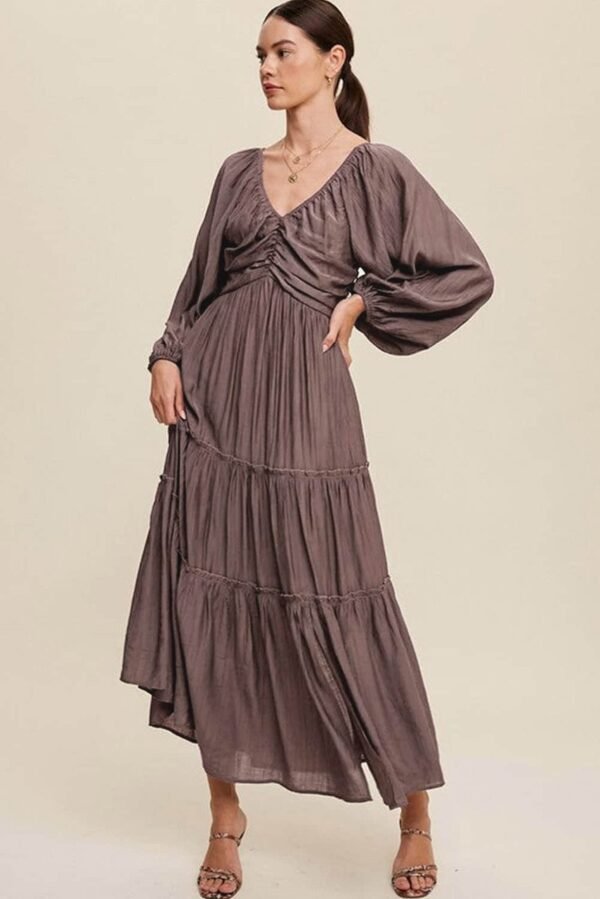 Brown V Neck Bowknot Cutout Frill Tiered Maxi Dress