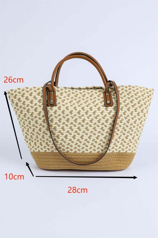 Beige Contrast Woven Leather Handle Single Shoulder Bag