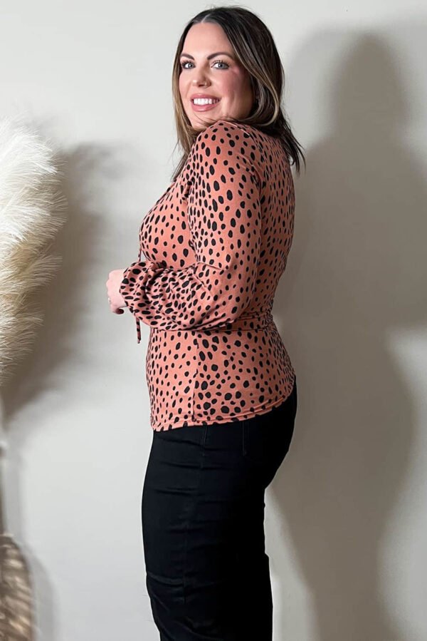 Leopard Plus Size Puff Sleeve V Neck Lace-up Slim Top