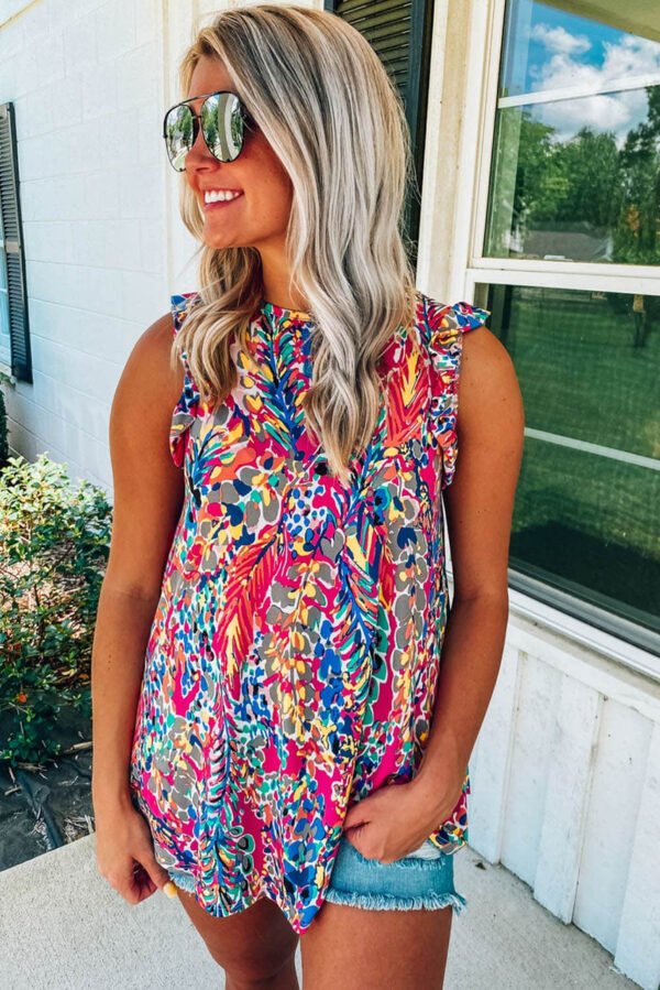 Rose Floral Print Tank Top with Ruffles
