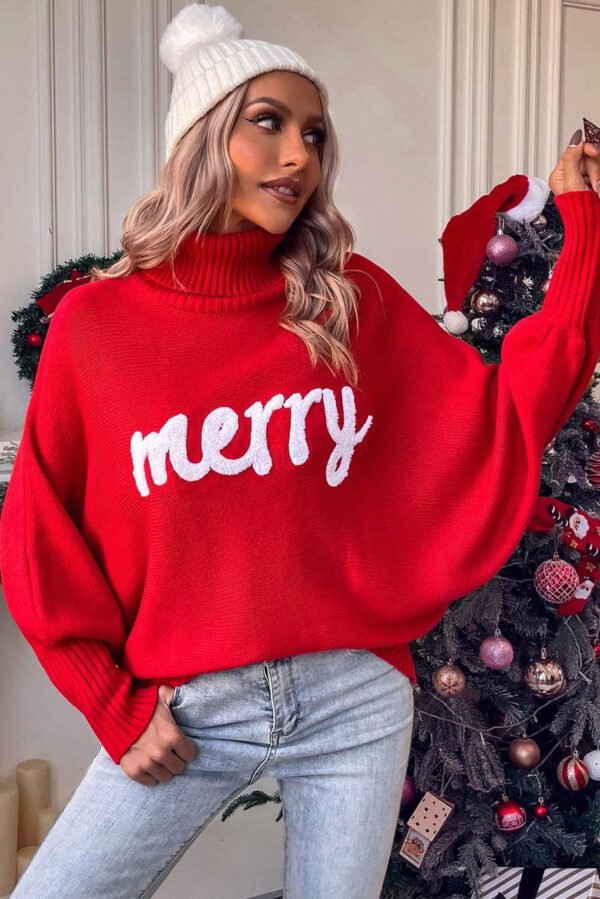 Red Merry Letter Embroidered High Neck Sweater