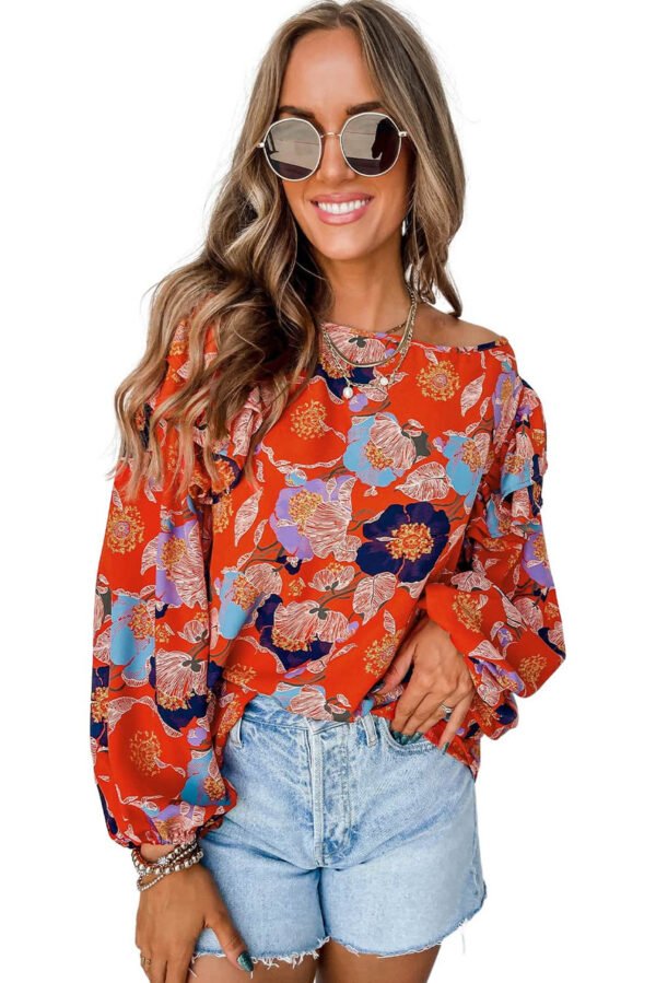 Red Floral Print Ruffle Puff Sleeve Blouse