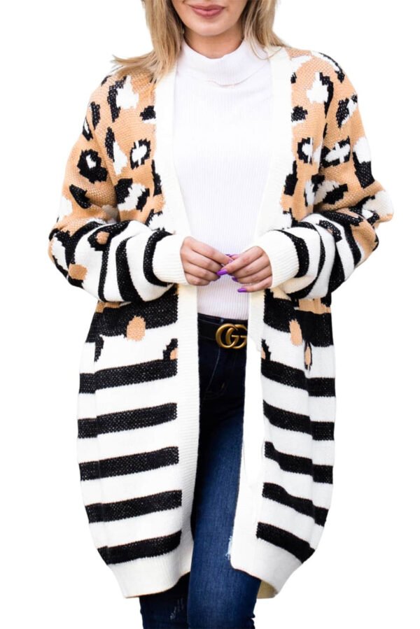 Brown Leopard Striped Mixed Print Open Front Cardigan