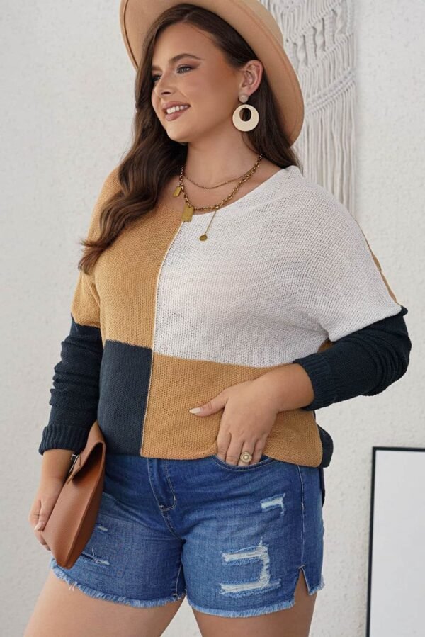 Blue Color Block Side Slit Plus Size Sweater