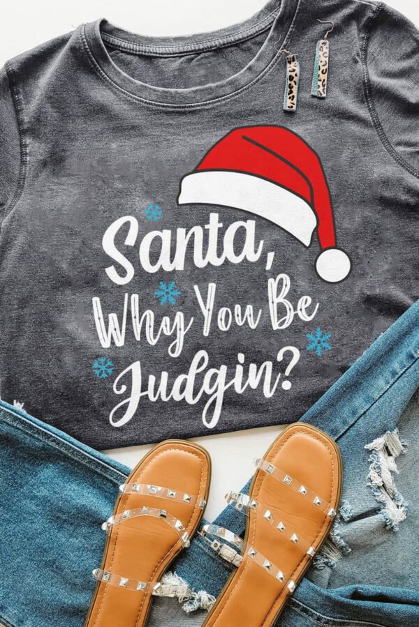 Gray Christmas Santa Hat Snowflake Letter Print Graphic Tee