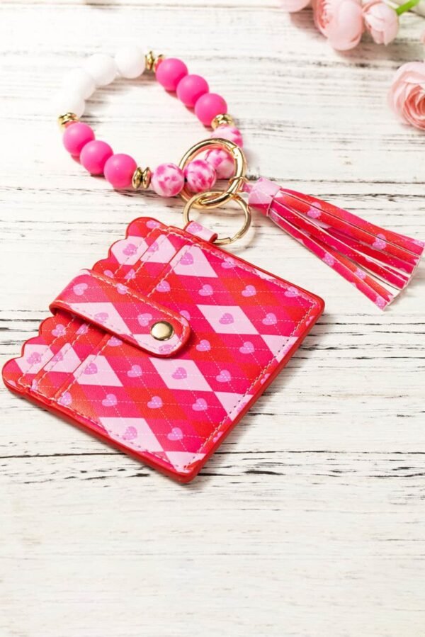 Rose Red Valentine Fashion PU Card Bag Key Chain with Silicone Bracelet