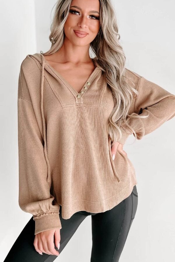 Khaki Buttoned V Neck Drawstring Knit Hoodie