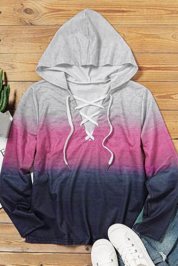 Pink Gradient Lace Up Long Sleeve Pullover Hoodie