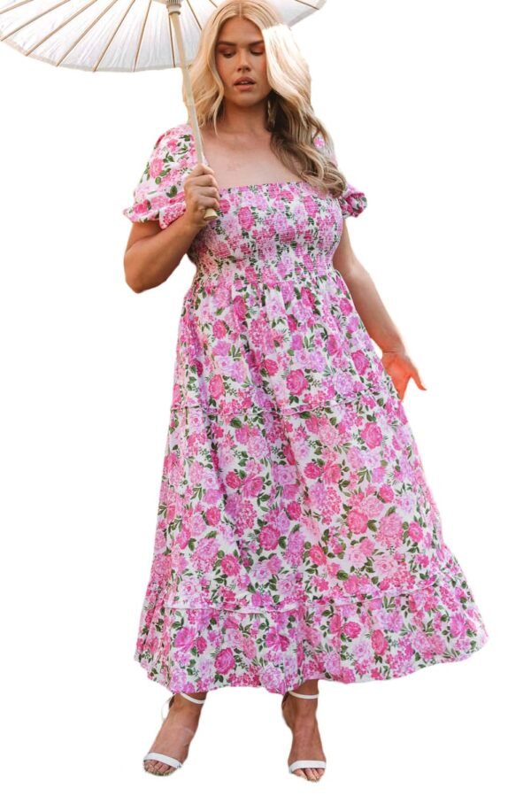 Pink Plus Size Floral Print Smocked Puff Sleeve Dress