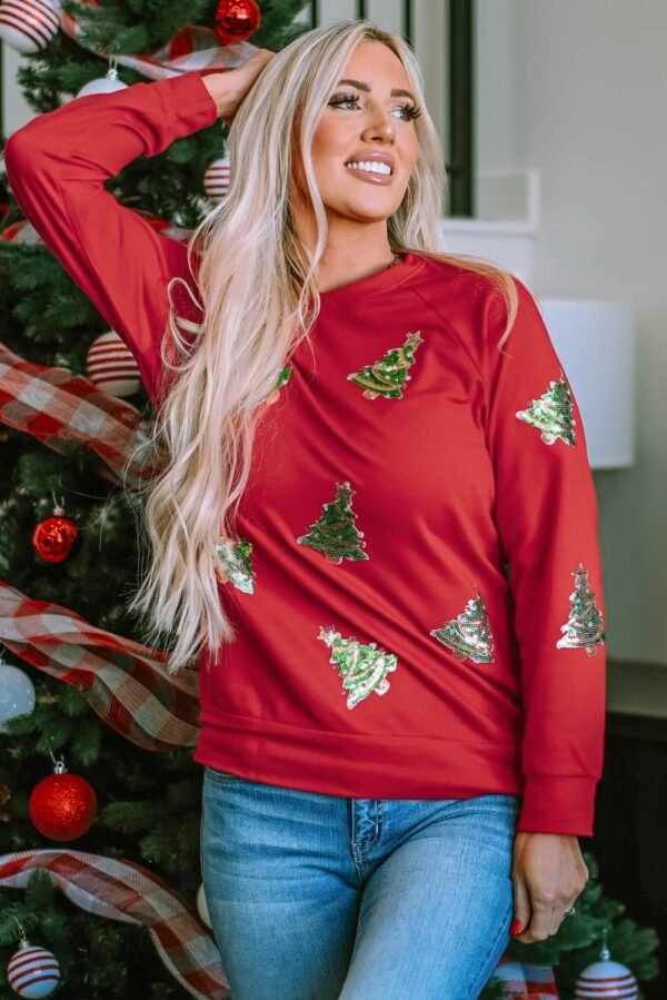 Fiery Red Sequined Christmas Tree Raglan Sleeve Sweatshirt