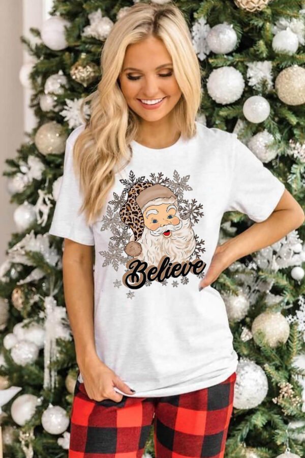 White Believe Santa Claus Snowflake Print Crew Neck T Shirt