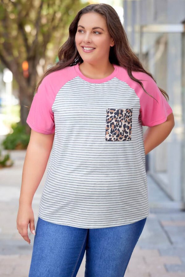 Stripe Leopard Patch Pocket Plus Size Raglan Sleeve Tee