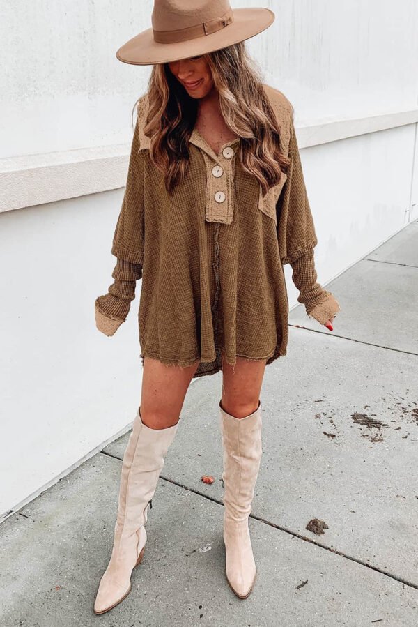 Brown Waffle Knit Buttoned Long Sleeve Top