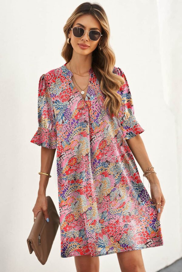 Multicolor Boho Floral Printed Flutter Sleeve Dress