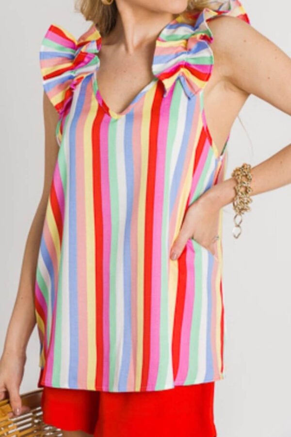 Multicolor Striped V Neck Ruffle Straps Tank Top