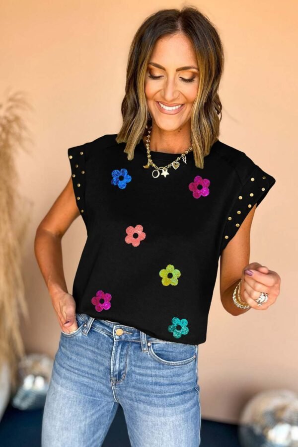 Black Shiny Flower Graphic Studded Cap Sleeve T Shirt