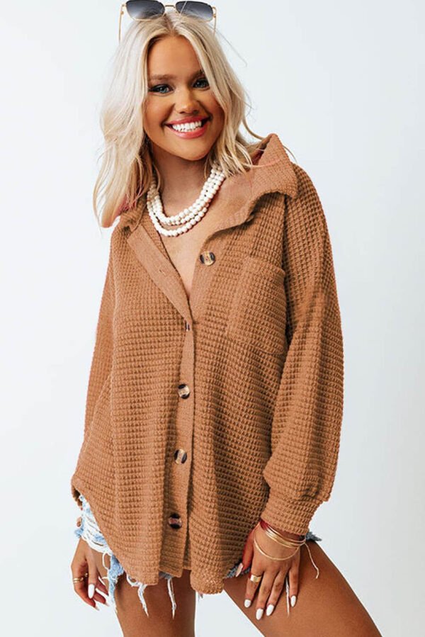 Brown Waffle Knit Button Up Casual Shirt