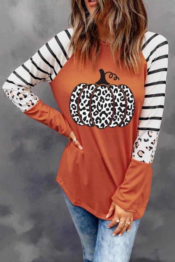 Orange Leopard Pumpkin Graphic Contrast Long Sleeve Top