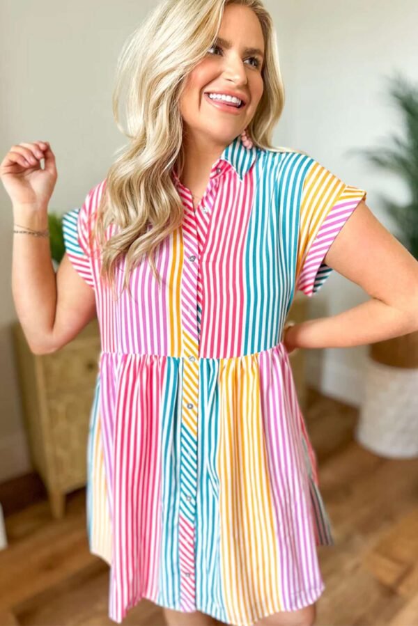 Multicolour Colorblock Striped Short Sleeve Buttoned Shirt Dress