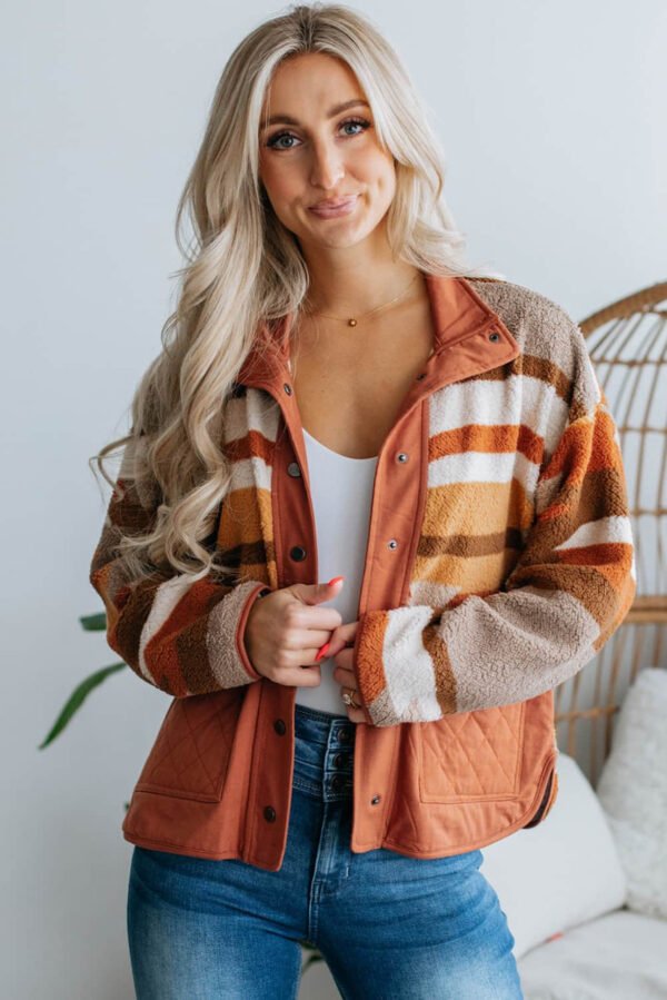 Brown Quilted Patch Pockets Aztec Furry Jacket
