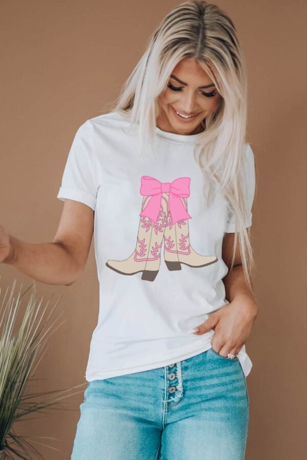 White Western Boots Bow Print Round Neck T Shirt